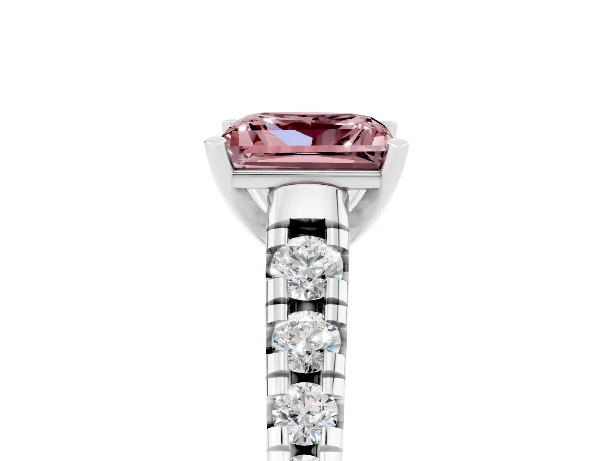 Princess Cut Morganite Cathedral Solitaire Ring with Round Pavé Band Silver