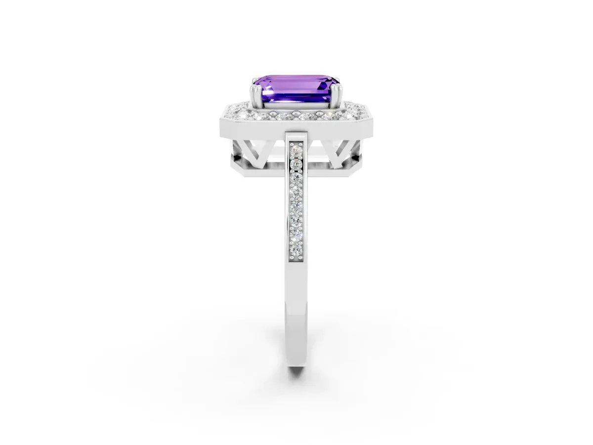 Emerald Cut Tanzanite Halo Ring with Split Shank and Four-Prong Setting White gold