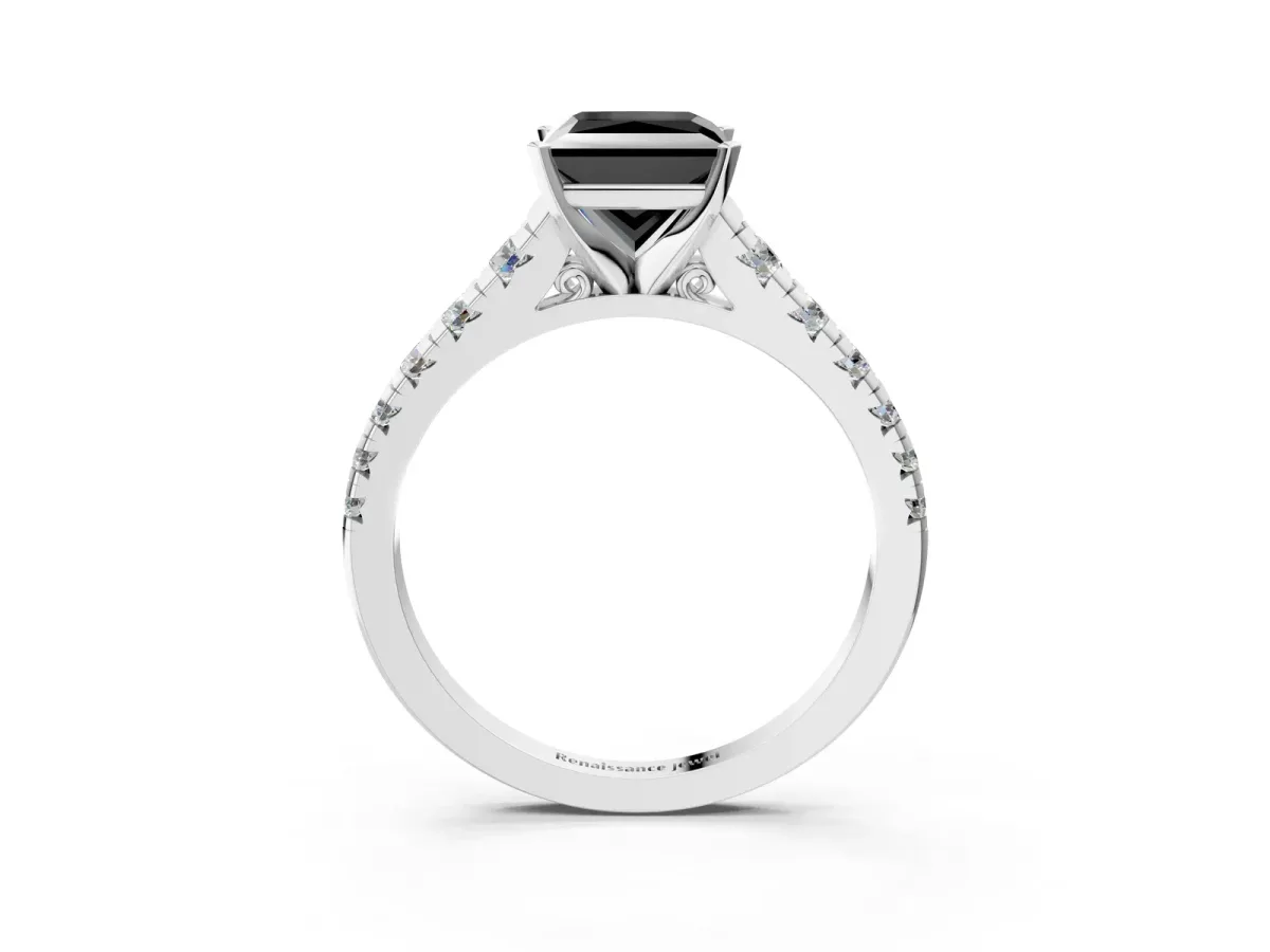 Fancy Black Princess Cut Diamond Cathedral Solitaire Ring with Round Pavé Band Platinum