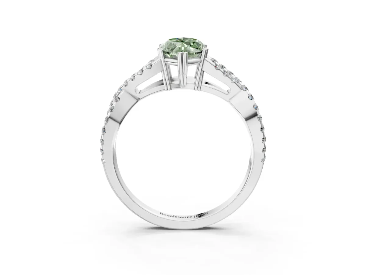 Fancy Green Marquise Cut Diamond Solitaire Ring with Four-Prong Setting and Twisted Pavé Band Silver