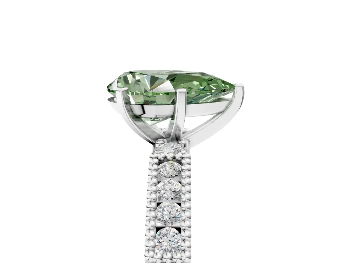 Fancy Green Pear Cut Solitaire with Pavé Band and Four-Prong Setting Platinum