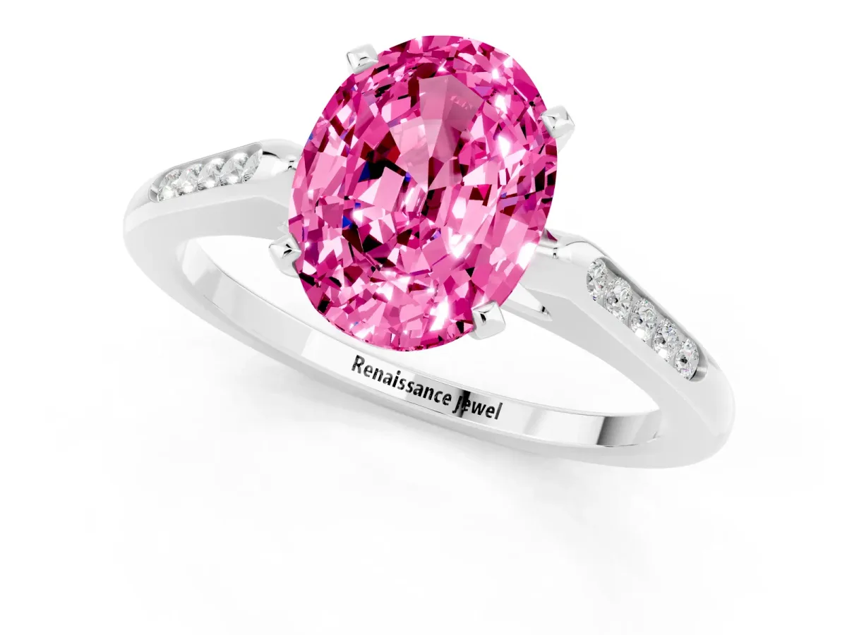 Oval Cut Pink Sapphire Solitaire Ring with Channel Set Round Band and Prong Setting Silver