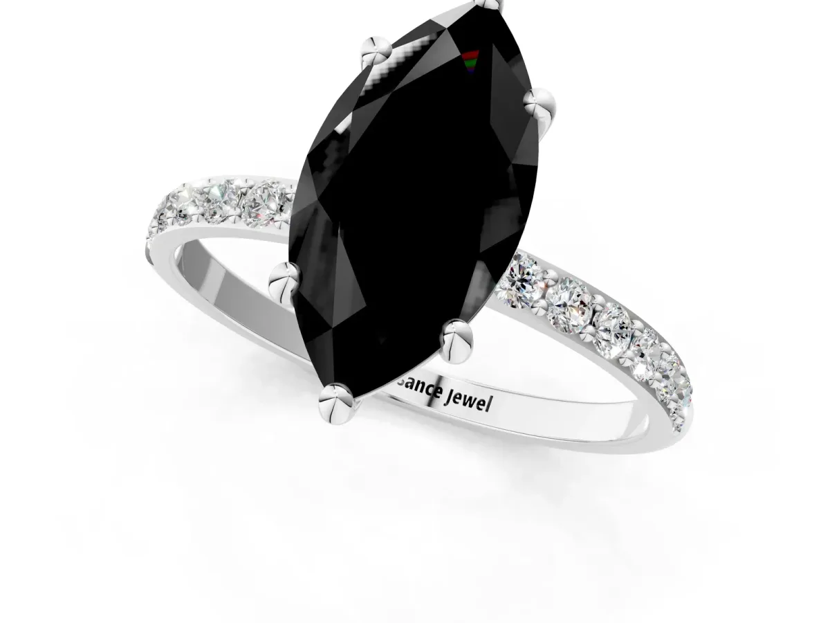 Fancy Black Marquise Cut Diamond Solitaire Ring with Round Pavé Band and Prong Setting Silver