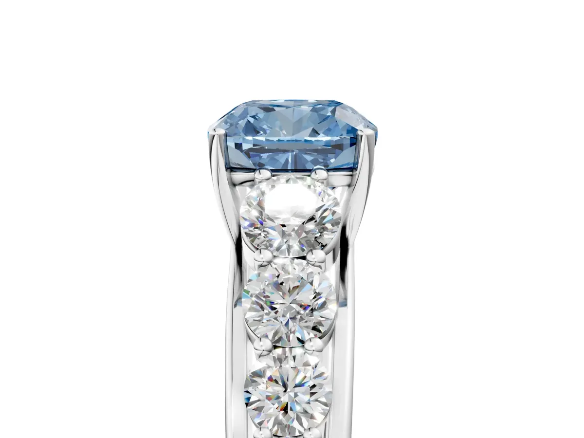 Fancy Blue Cushion Cut Brilliant Diamond Pavé Band with Six-Prong Setting Silver