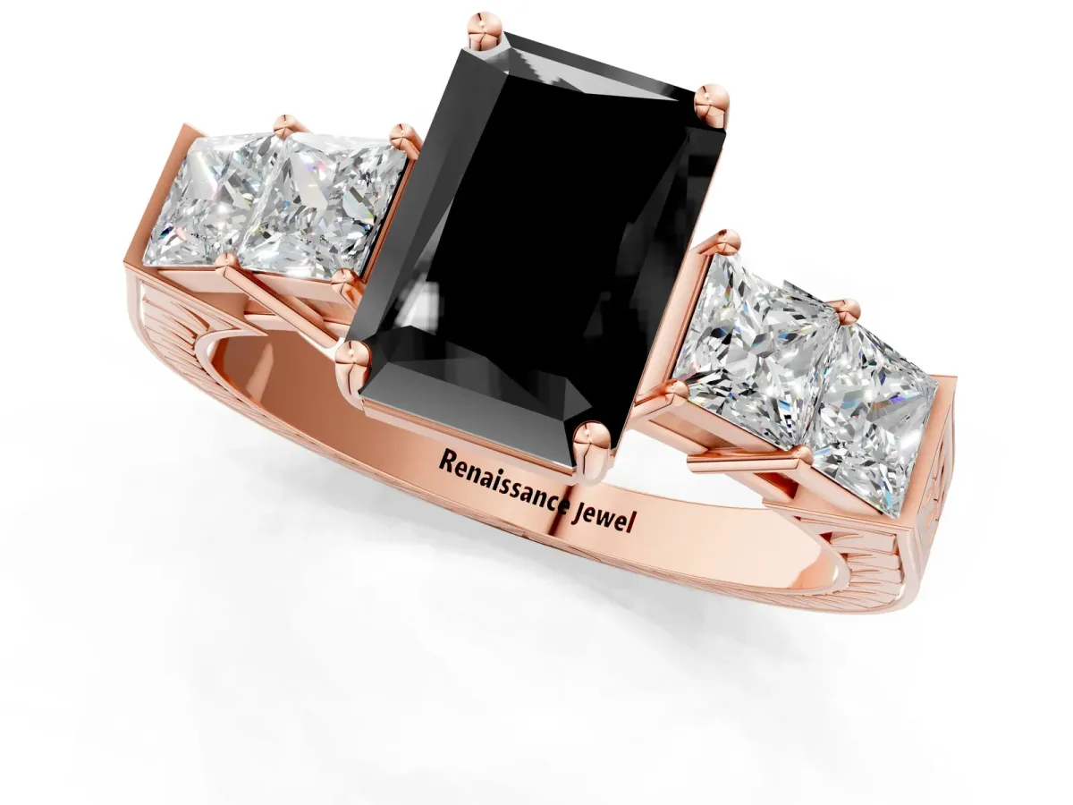Fancy Black Radiant Cut Solitaire Princess Side Stone Engraved Band Prong Setting Ring Rose gold