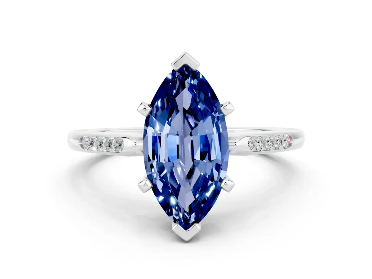 Marquise Cut Blue Sapphire Solitaire Ring with Channel Set Round Band and Prong Setting Silver