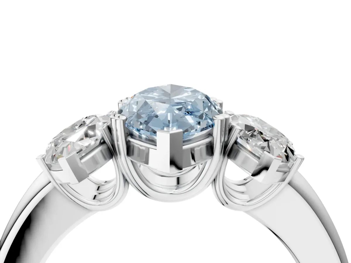 Fancy Blue Three-Stone Marquise Cut Cut Diamond Ring with Channel Set Band and Four-Prong Setting Platinum