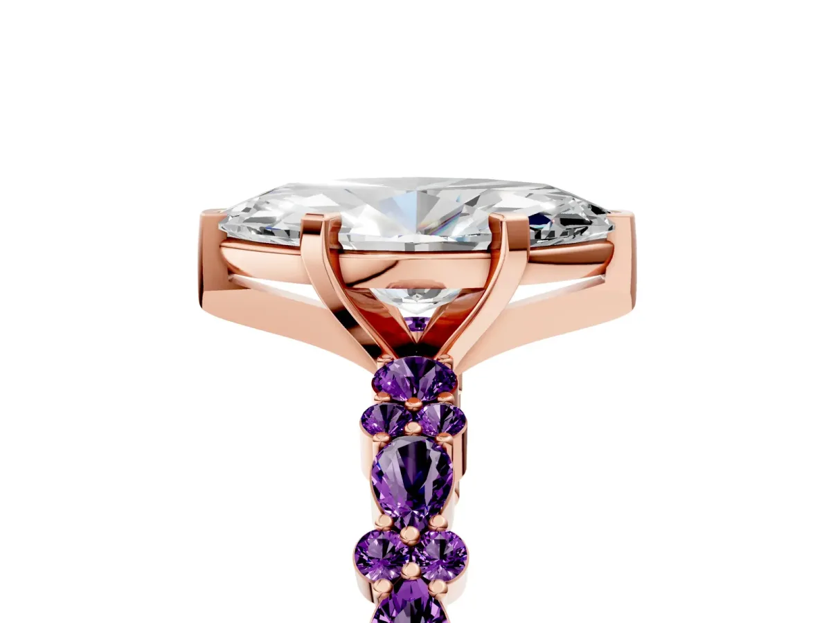 Marquise Cut Diamond Side Stone Solitaire Ring with Round Amethyst and Four-Prong Setting Rose gold