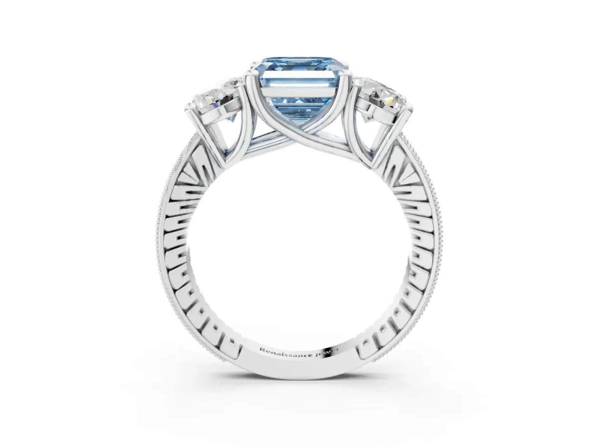 Fancy Blue Three-Stone Asscher Cut Diamond Milgrain Pave Band with Prong Setting Platinum