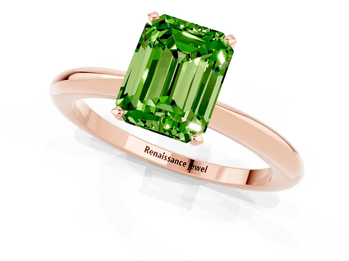 Emerald Cut Peridot Solitaire Ring with Six-Prong Setting and Classic Band Rose gold