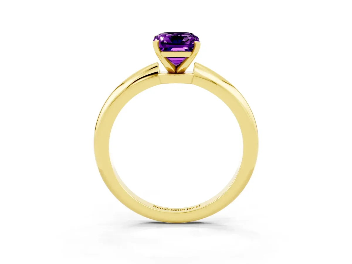 Emerald Cut Amethyst Solitaire Ring with Six-Prong Setting and Classic Band Yellow gold