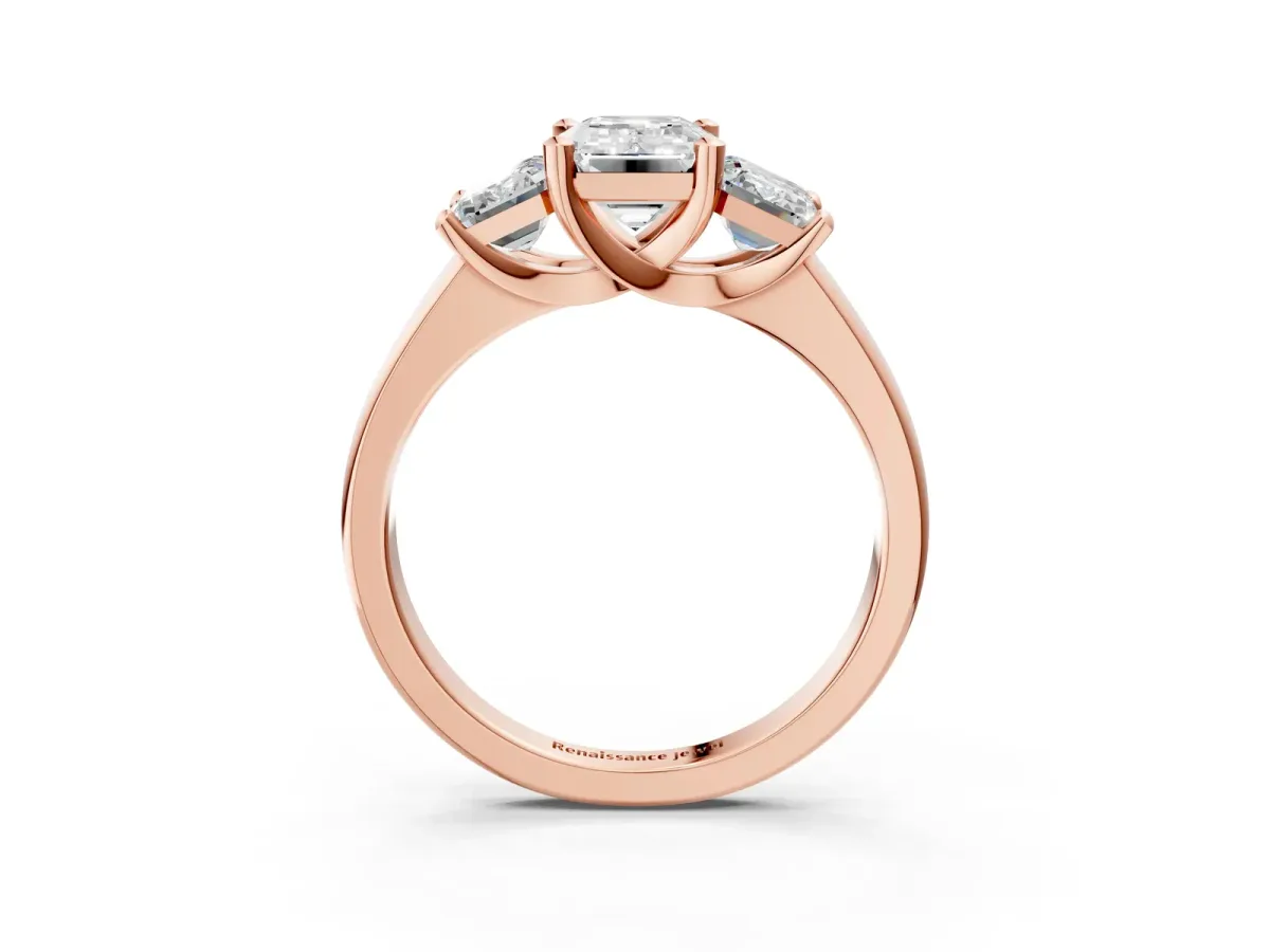 Three-Stone Emerald Cut Cut Solitaire Ring with Classic Prong Setting Rose gold