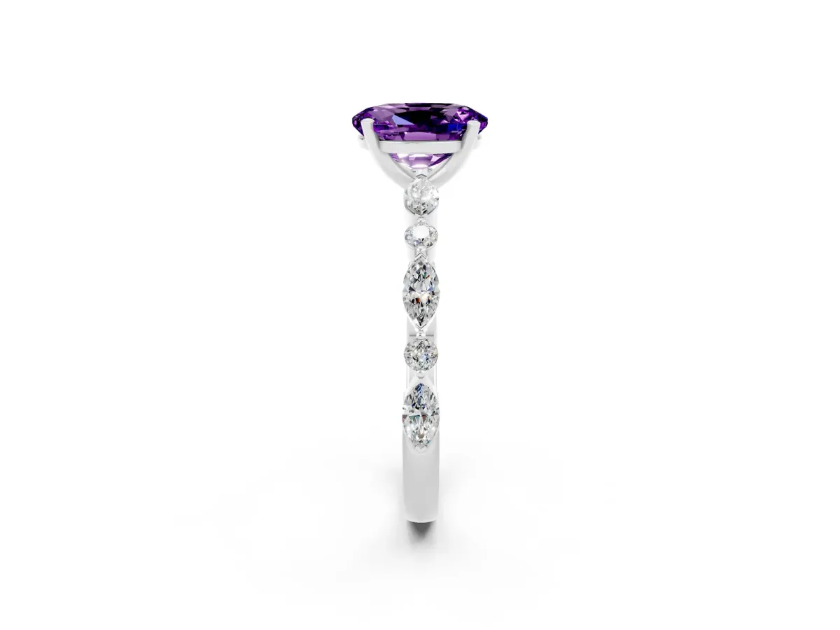Oval Cut Amethyst Ring with Marquise and Round Side Stones and Four-Prong Setting Silver