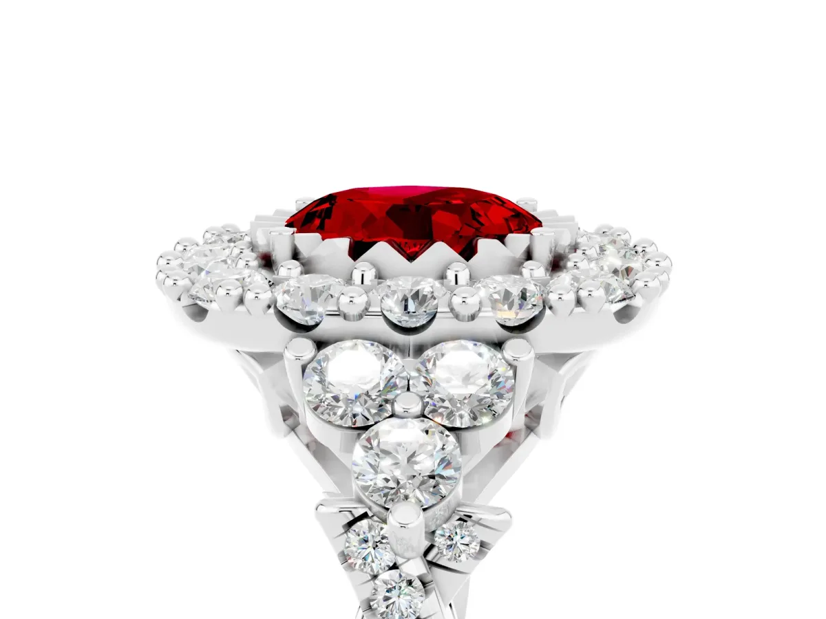 Round Cut Ruby Halo Ring with Pavé Band and Four-Prong Setting Silver