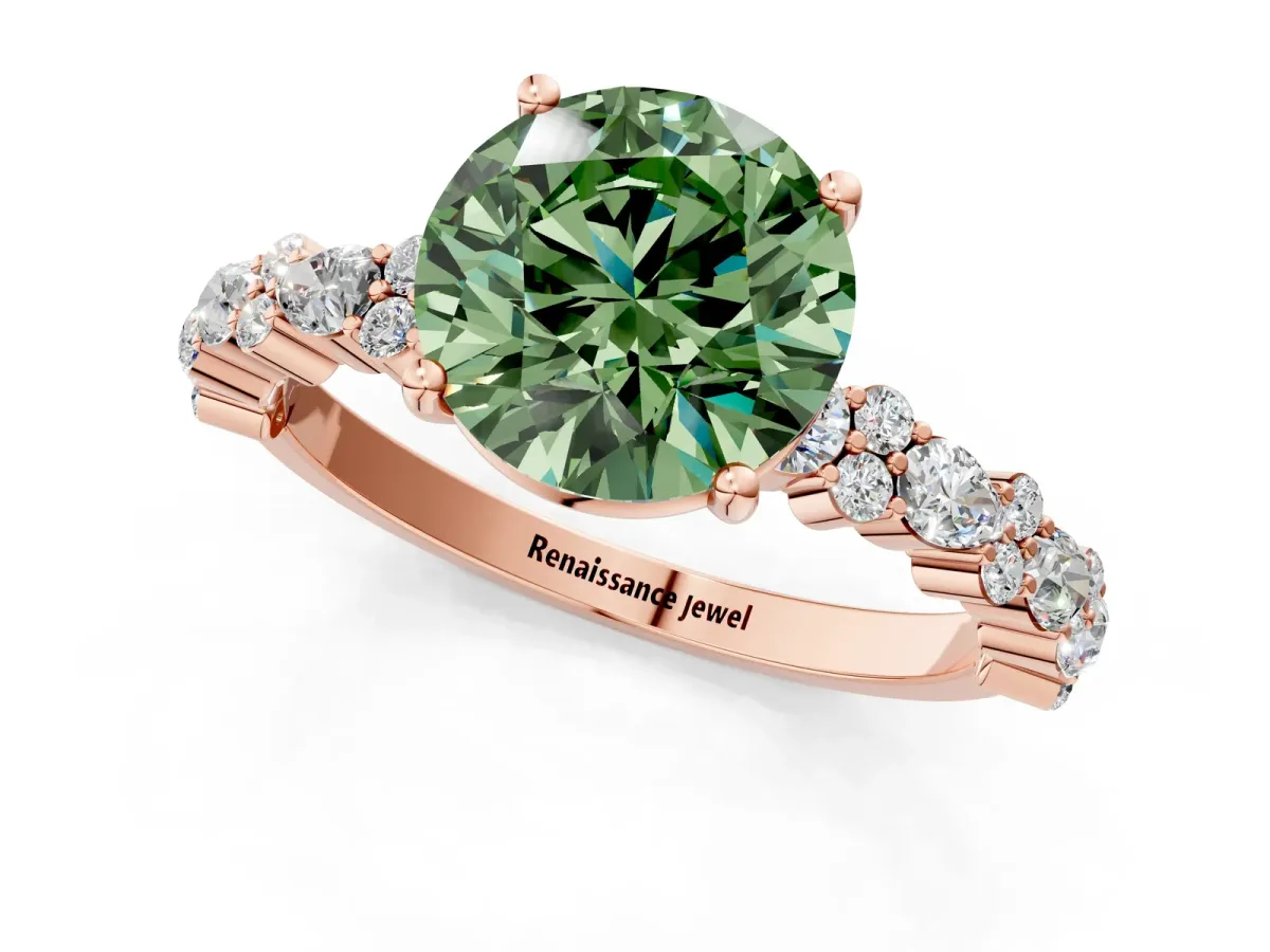 Fancy Green Round Cut Diamond Side Stone Solitaire Ring with Round and Four-Prong Setting Rose gold