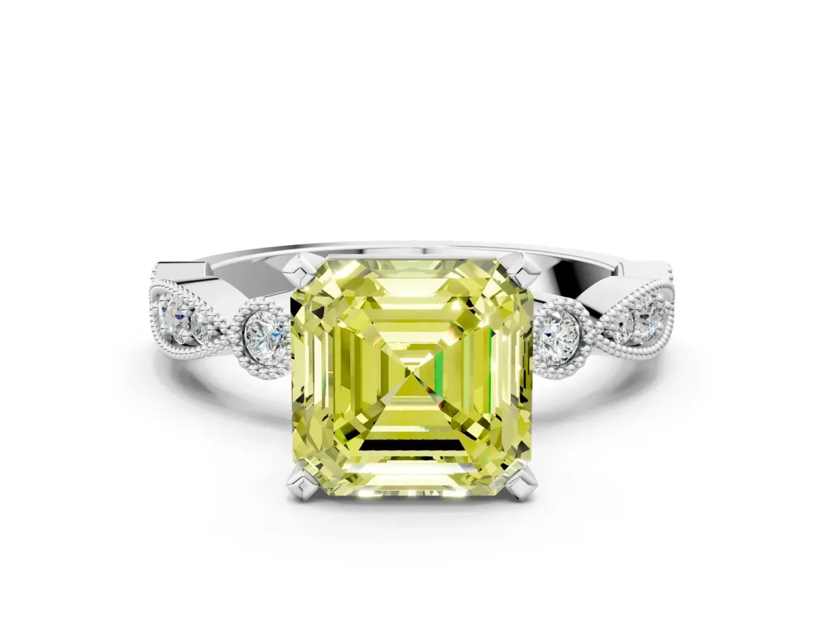 Fancy Yellow Asscher Cut Milgrain Bezel Diamond Engagement Ring with Solitaire Prong Setting Platinum