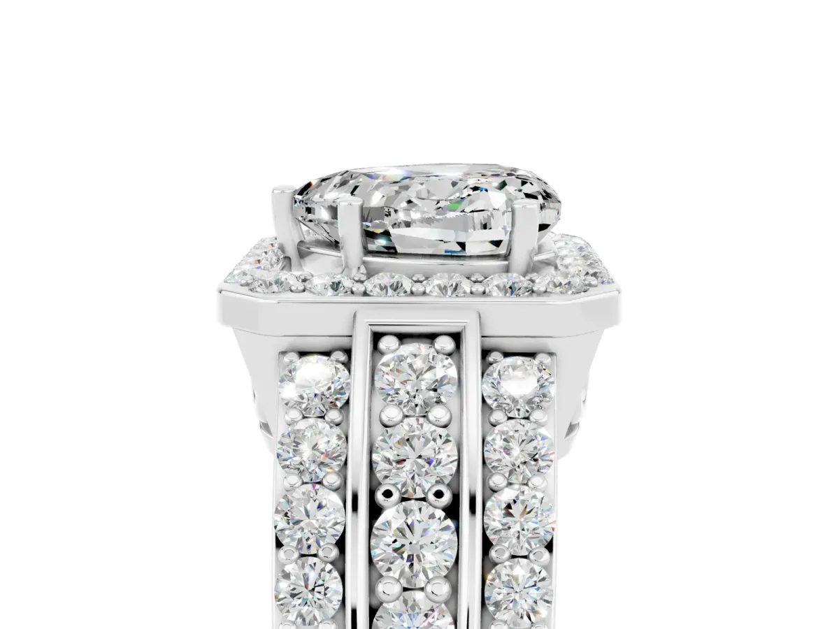 Heart Cut Halo Moissanite Ring with Round Split Shank and Prong Setting Silver