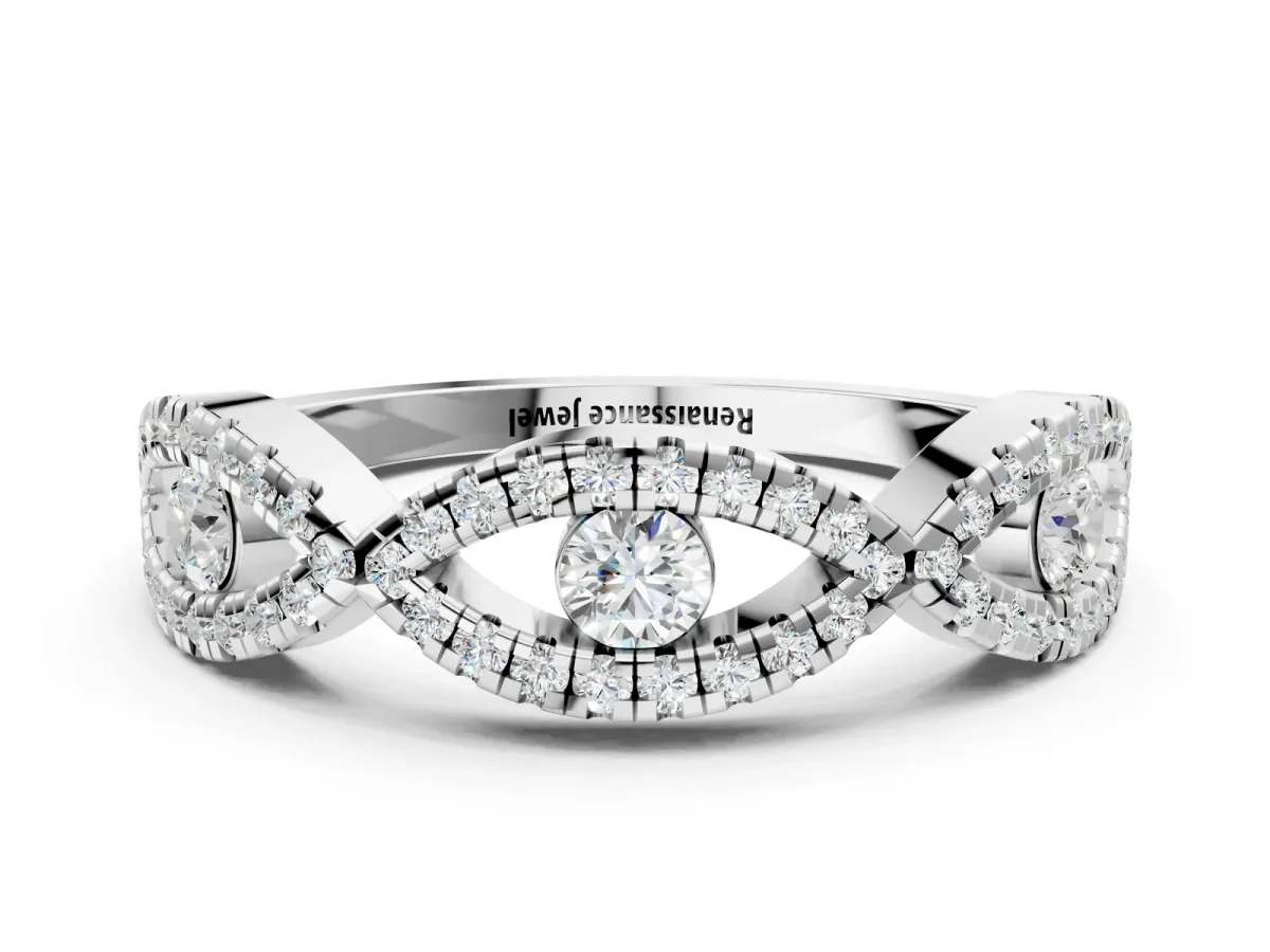 Round Diamond Marquise Halo Twist Band with Pavé Setting Silver