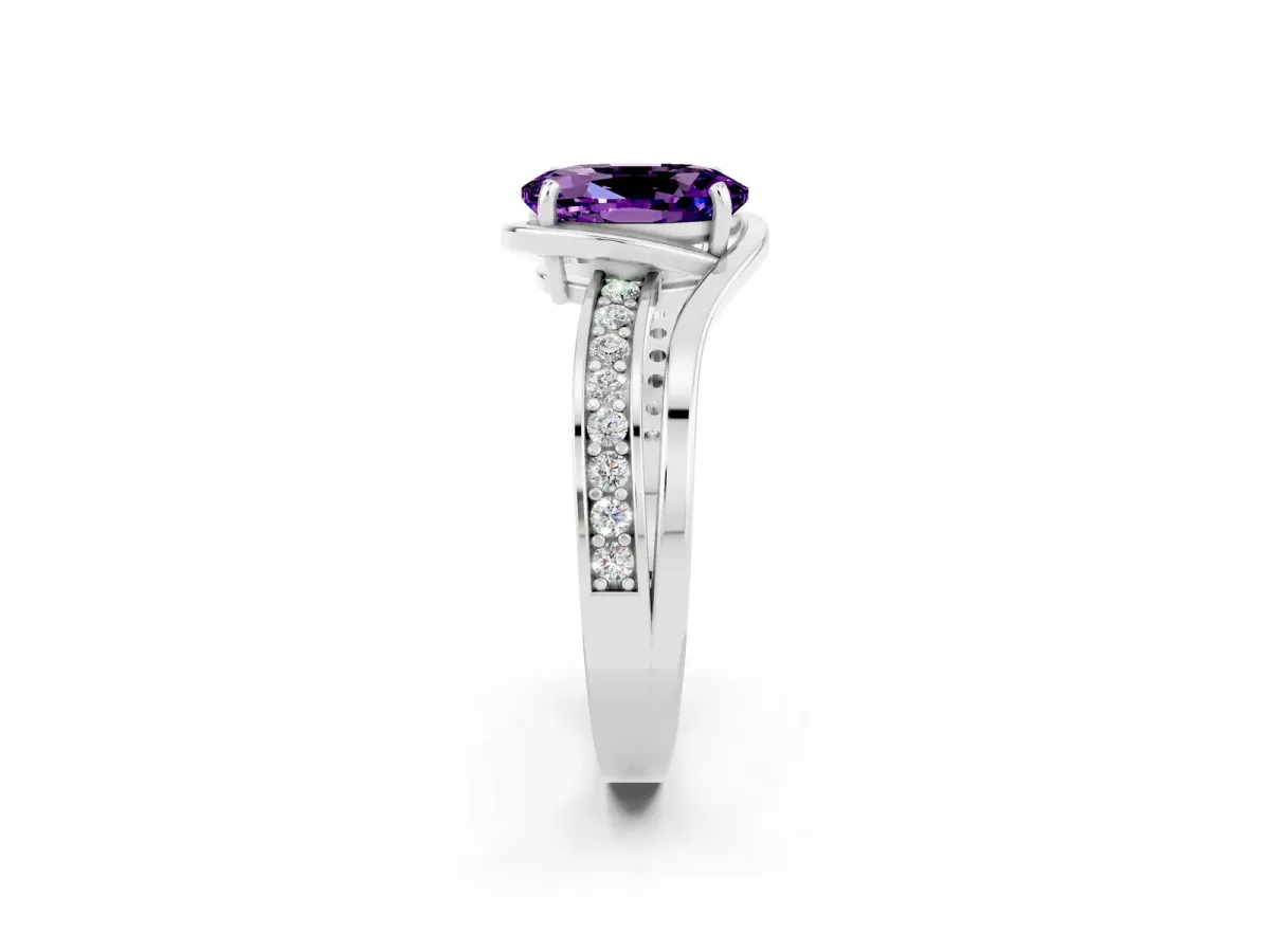 Oval Cut Amethyst Solitaire Ring with Split Shank and Prong Setting White gold