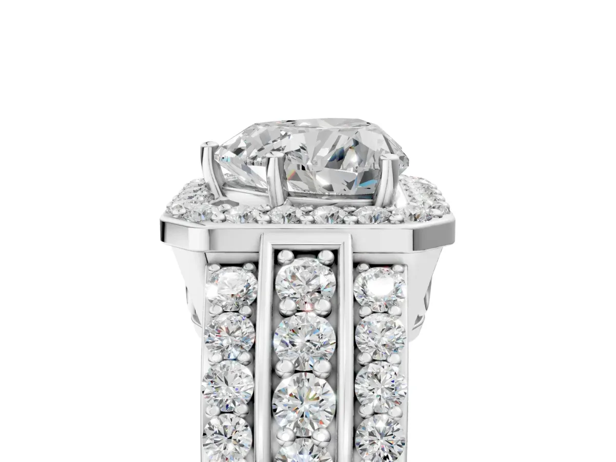 Heart Cut Halo Diamond Ring with Round Split Shank and Prong Setting Silver