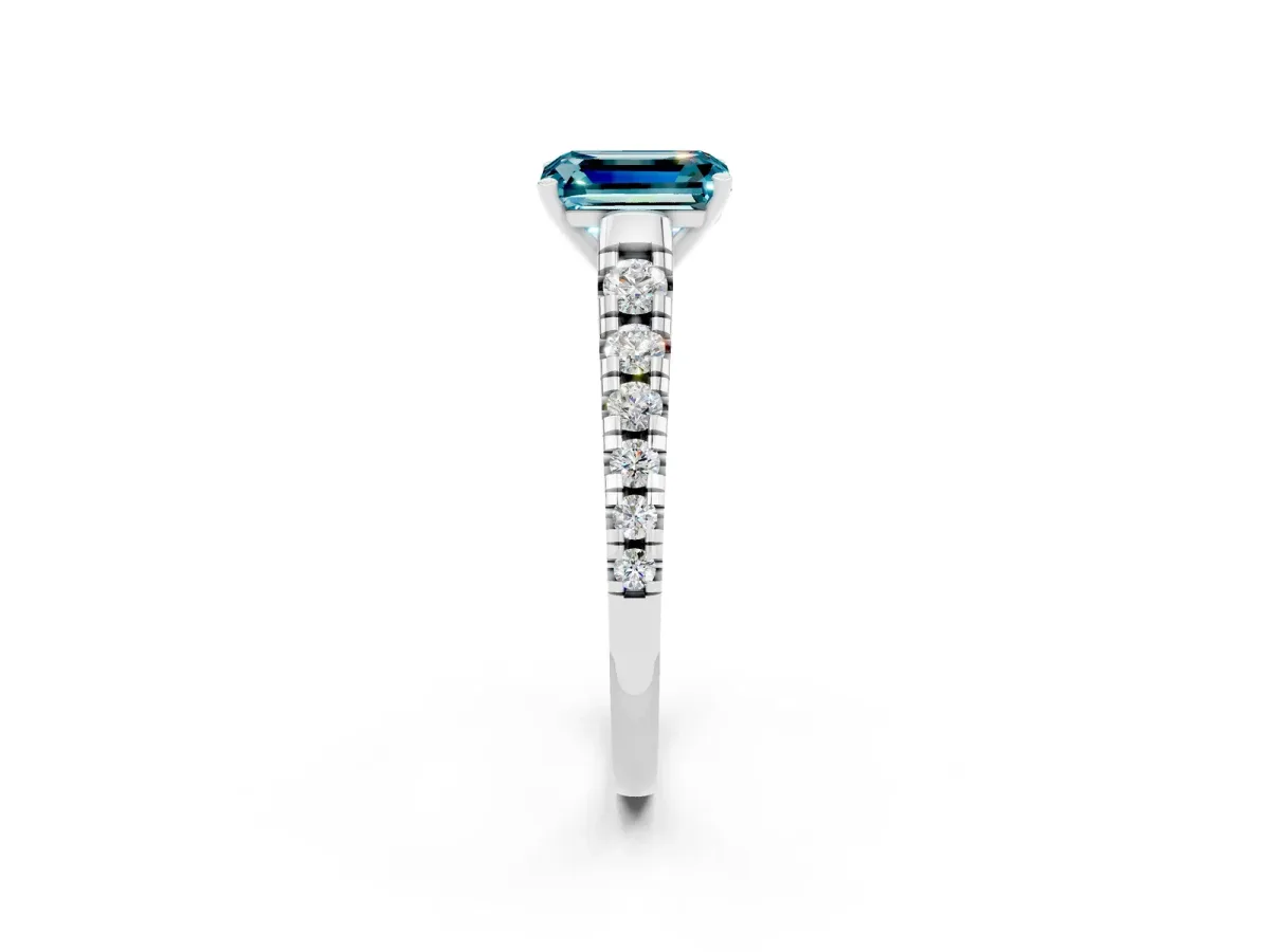 Emerald Cut Blue Topaz Cathedral Solitaire Ring with Round Pavé Band Platinum