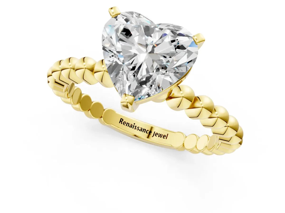 Heart Cut Diamond Solitaire Ring with Beaded Band and Prong Setting Yellow gold