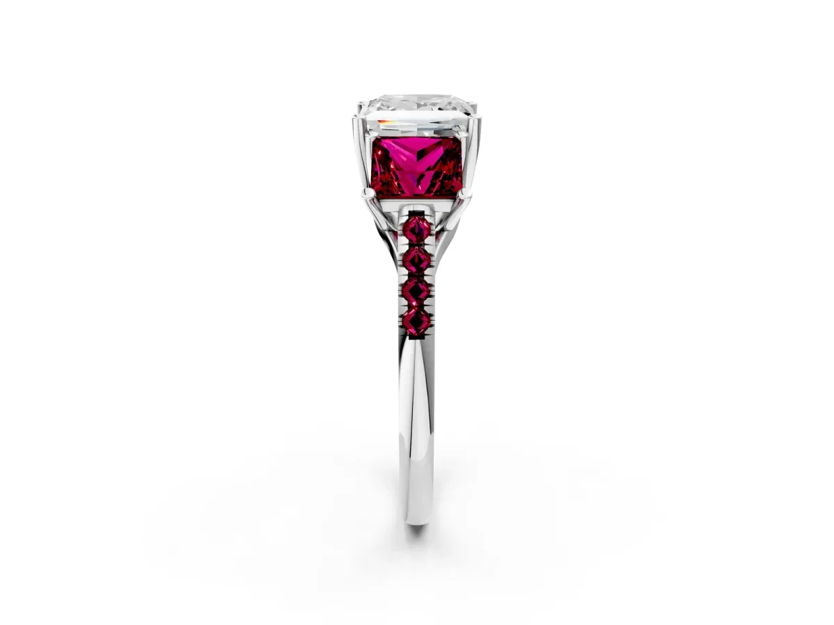 Three-Stone Princess Cut Diamond Ring with Round Garnet Pavé Band and Prong Setting Silver