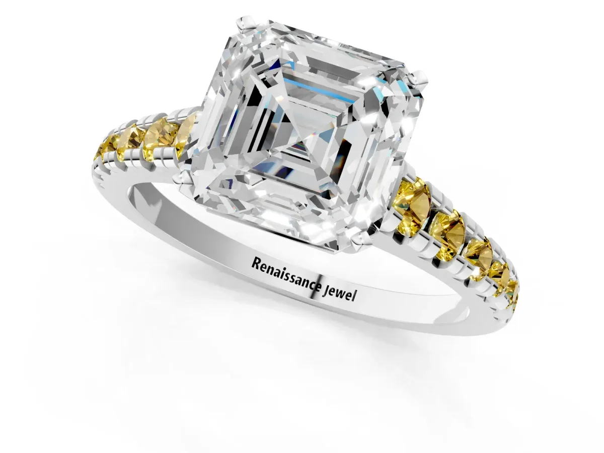 Asscher Cut Diamond Cathedral Solitaire Ring with Round Yellow Sapphire Pavé Band Silver