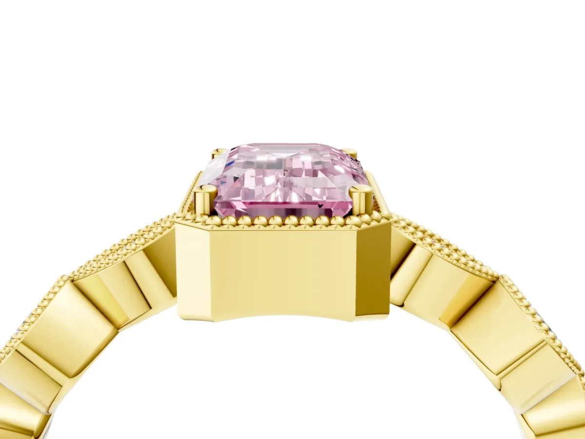 Fancy Pink Emerald Cut Diamond Vintage Milgrain Ring with Round Stations Yellow gold