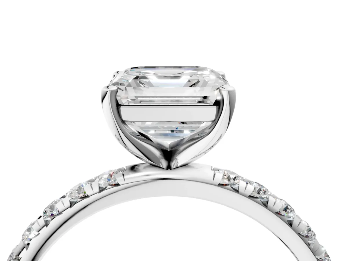 Asscher Cut Cut Diamond Solitaire Ring with Micro Pave Band and Four Prong Setting Platinum