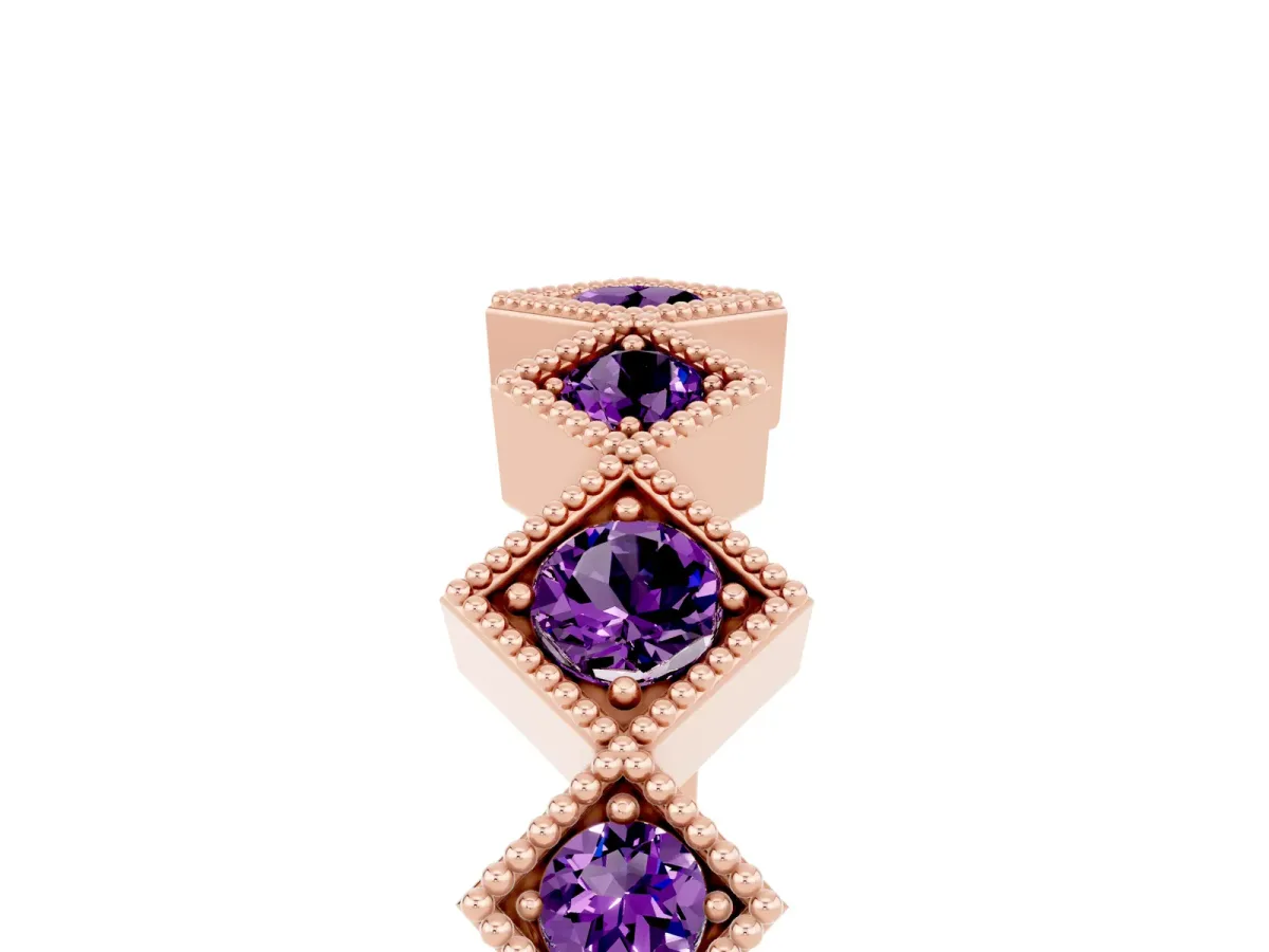 Milgrain Square Bezel Round Amethyst Chevron Band Rose gold