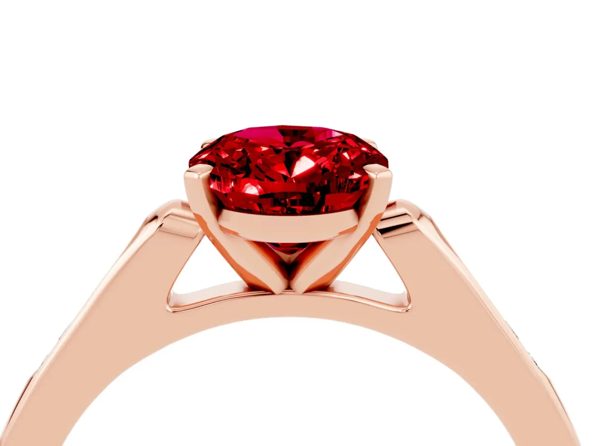 Oval Cut Ruby Solitaire Ring with Channel Set Round Band and Prong Setting Rose gold