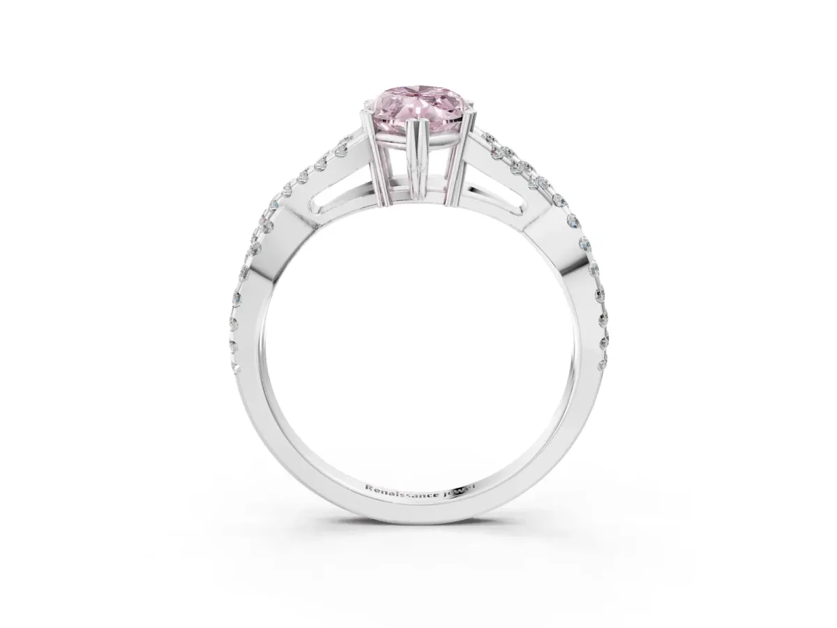 Fancy Pink Marquise Cut Diamond Solitaire Ring with Four-Prong Setting and Twisted Pavé Band Silver