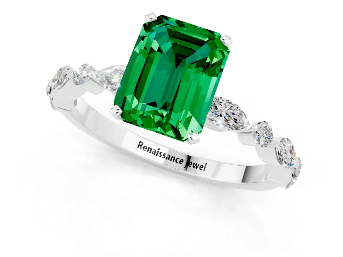 Emerald Cut Emerald Ring with Marquise and Round Side Stones and Four-Prong Setting Silver
