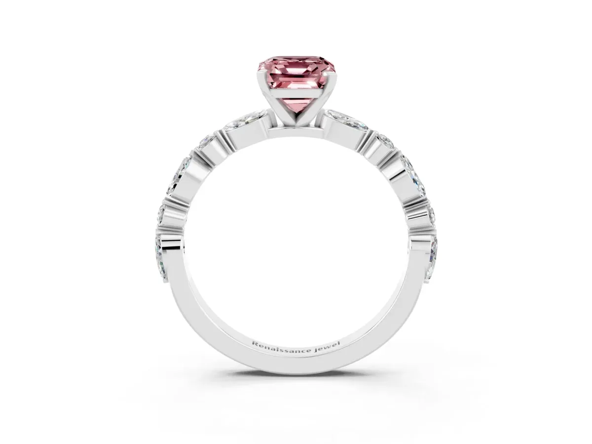 Emerald Cut Morganite Ring with Marquise and Round Side Stones and Four-Prong Setting Silver