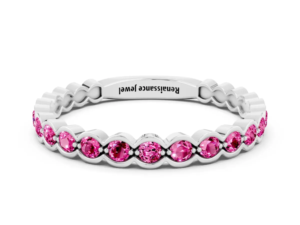 Round Pink Sapphire Bezel Set Eternity Band Platinum