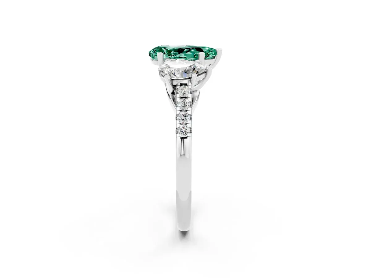 Three-Stone Pear Cut Green Sapphire Ring with Round Pavé Band and Prong Setting Silver