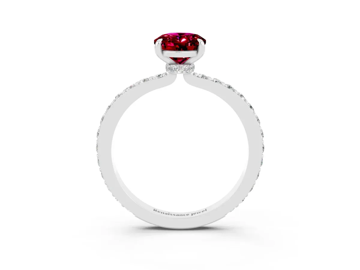 Oval Cut Garnet Solitaire Engagement Ring with Pavé Band and Four-Prong Setting Silver