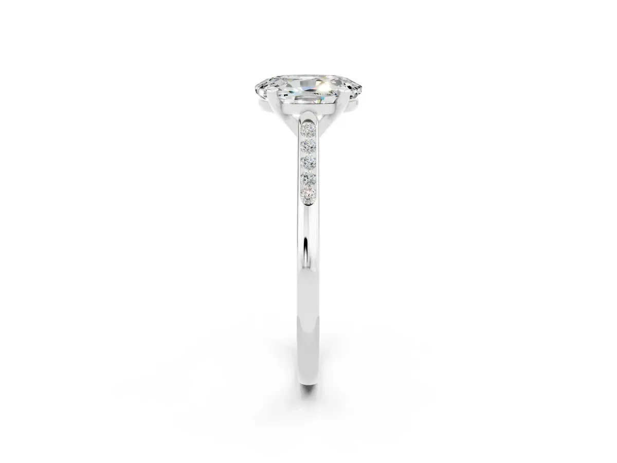 Oval Cut Moissanite Solitaire Ring with Channel Set Round Band and Prong Setting Silver