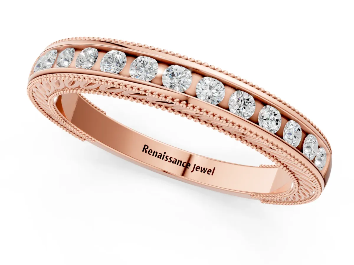 Channel Set Round Diamond Milgrain Edge Wedding Band Rose gold