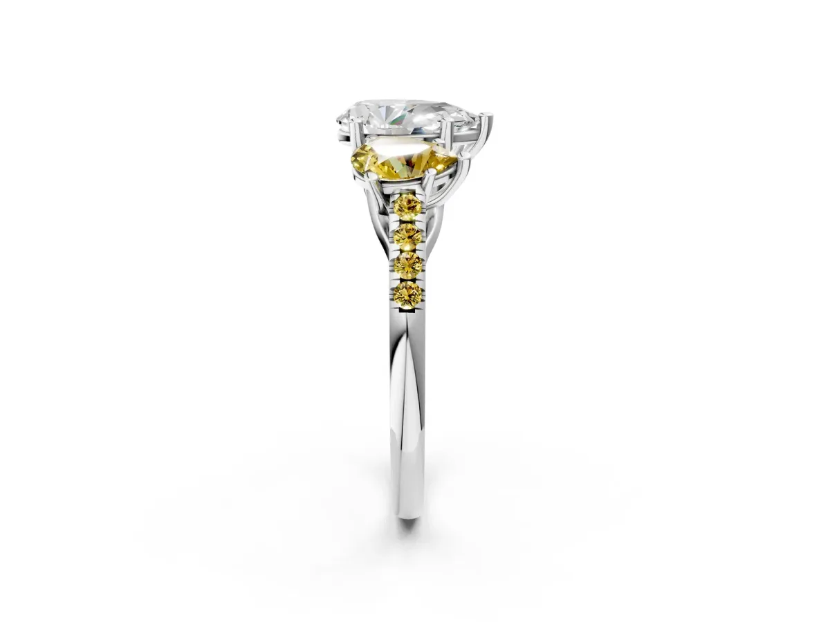 Three-Stone Pear Cut Diamond Ring with Round Yellow Sapphire Pavé Band and Prong Setting Silver