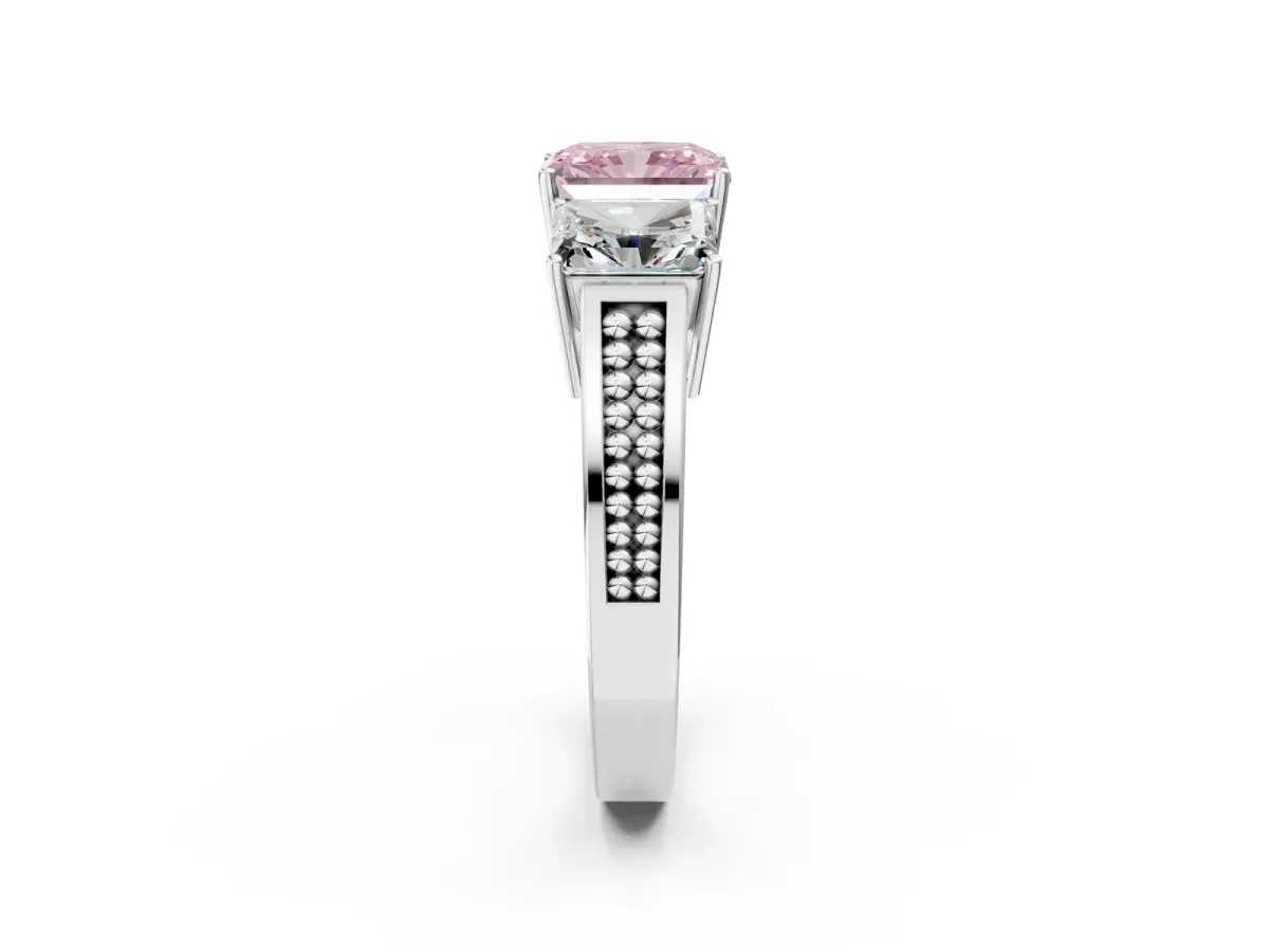Fancy Pink Radiant Cut Diamond Three-Stone Ring with Prong Setting and Textured Band Platinum