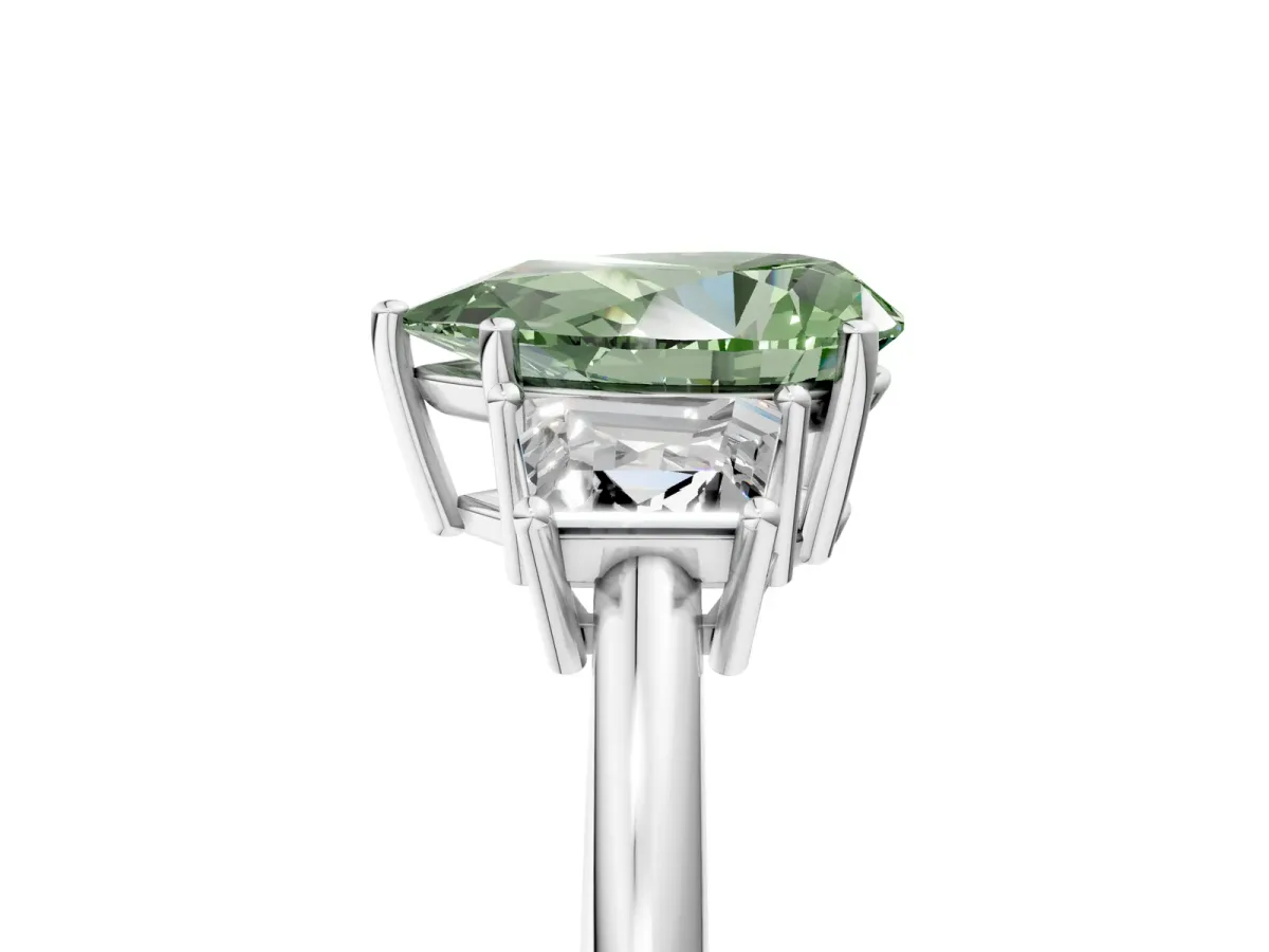 Fancy Green Pear Cut Diamond Three-Stone Ring with Trapezoid Side Stones and Prong Setting Platinum