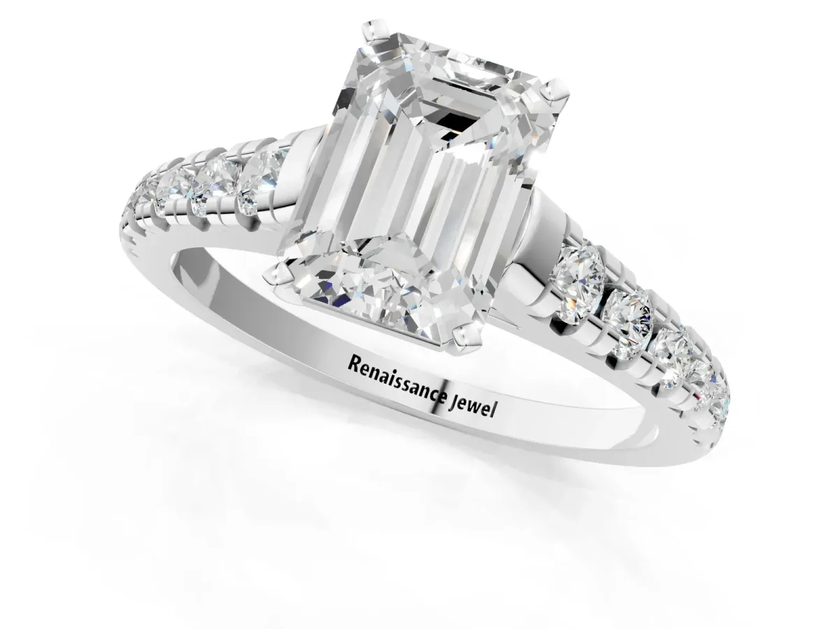 Emerald Cut Diamond Cathedral Solitaire Ring with Round Moissanite Pavé Band Silver