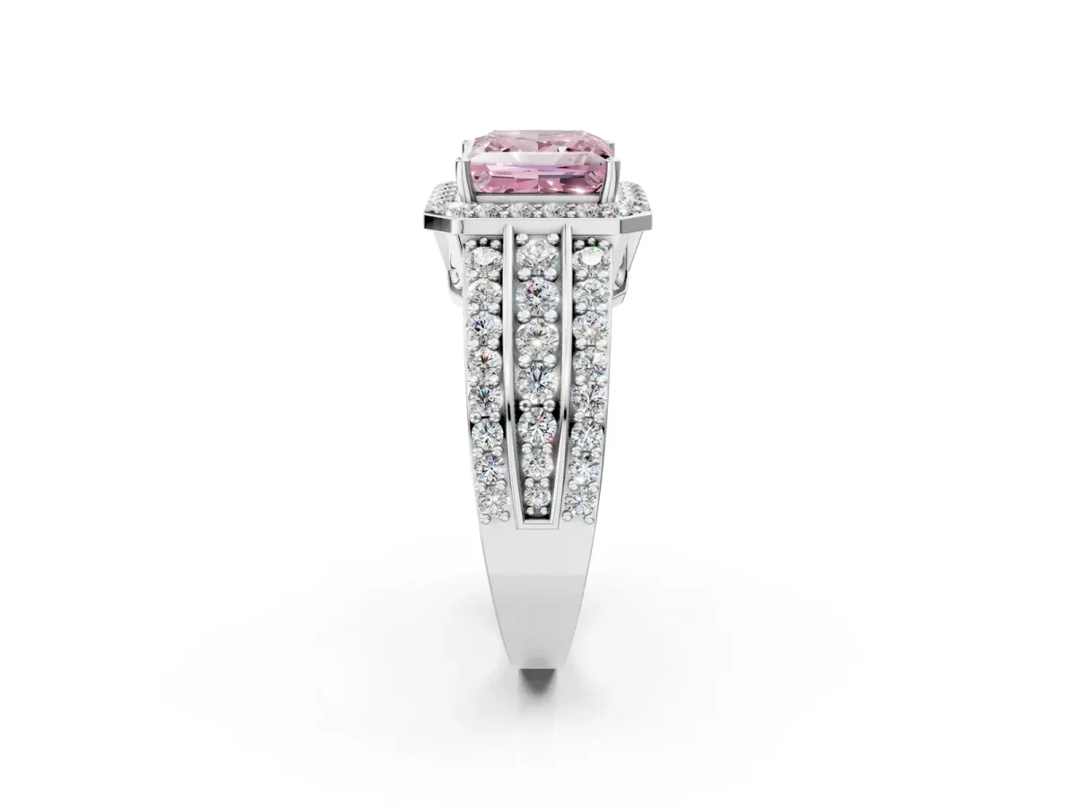 Fancy Pink Princess Cut Halo Diamond Ring with Round Split Shank and Prong Setting Silver