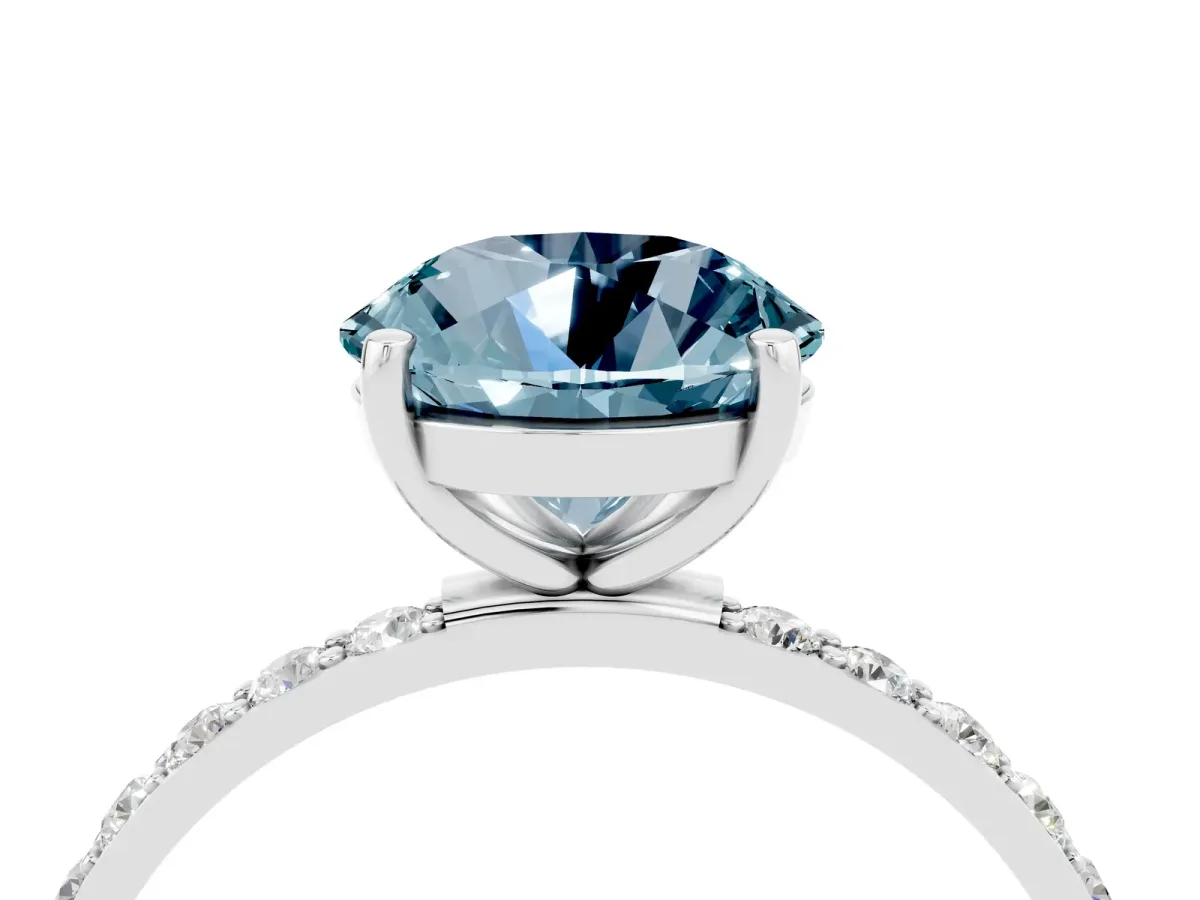 Round Cut Aquamarine Solitaire Ring with Round Pavé Band and Prong Setting Silver