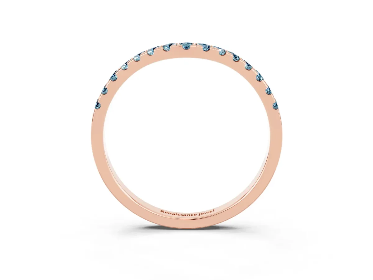 Curved Pavé Round Aquamarine Wedding Band with Shared Prong Setting Rose gold