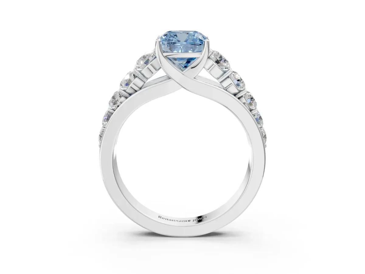 Fancy Blue Cushion Cut Brilliant Diamond Pavé Band with Six-Prong Setting Silver