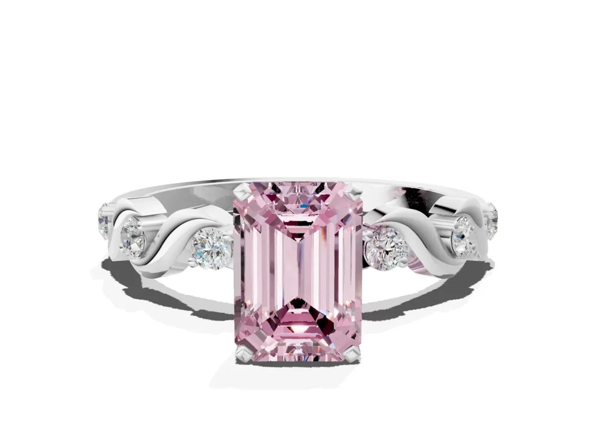 Fancy Pink Emerald Cut Diamond Solitaire Twisted Band with Round Accents and Prong Setting Silver