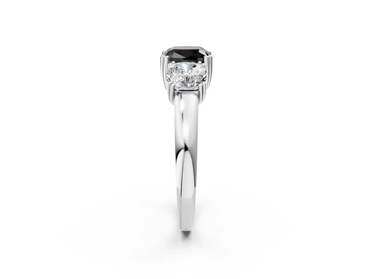 Fancy Black Three-Stone Cushion Cut Cut Diamond Ring with Channel Set Band and Four-Prong Setting Silver